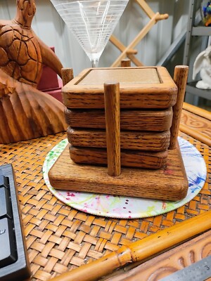 4 Oak Wood Coasters with inlaid Ceramic Tiles 6inx6in .75in in Tray Heavy Dudy