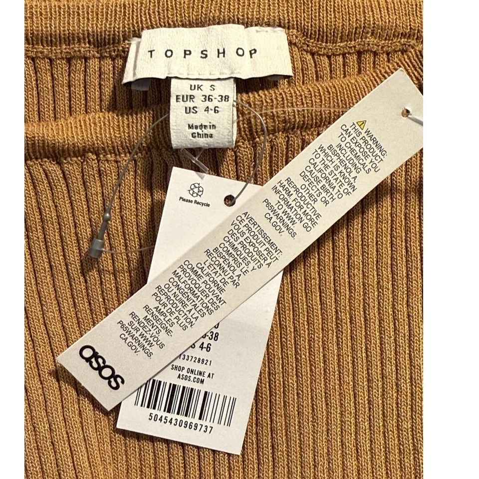 NUEVA Falda Midi Acanalada Topshop Bodycon Cintura Alta Abertura ASOS Tostada Talla Pequeña Foto 2 de 4