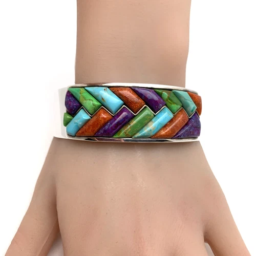 Desert Rose Trading DTRSigned 925 Sterling Silver Multicolor Inlay Cuff Bracelet
