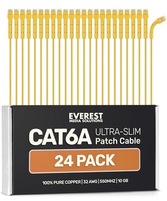 Everest Ultra Slim Cat6a Ethernet Patch Cables 0.5ft (24-Pack) Yellow - 6 Inch