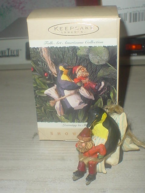 HALLMARK LEARNING TO SKATE 1995 FOLK ART CHRISTMAS ORNAMENTS PENGUIN ELF