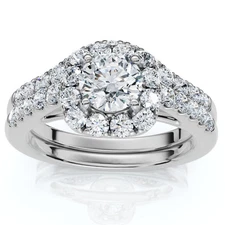 1 1/10Ct TDW Cushion Halo Engagement Wedding Ring Set 14k White Gold Lab Grown