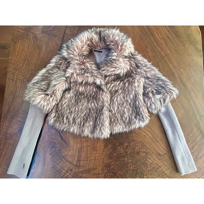 SISLEY Italian Benetton Lilac Faux Fur Shrug Jacket Wool Blend Thumbhole XS S