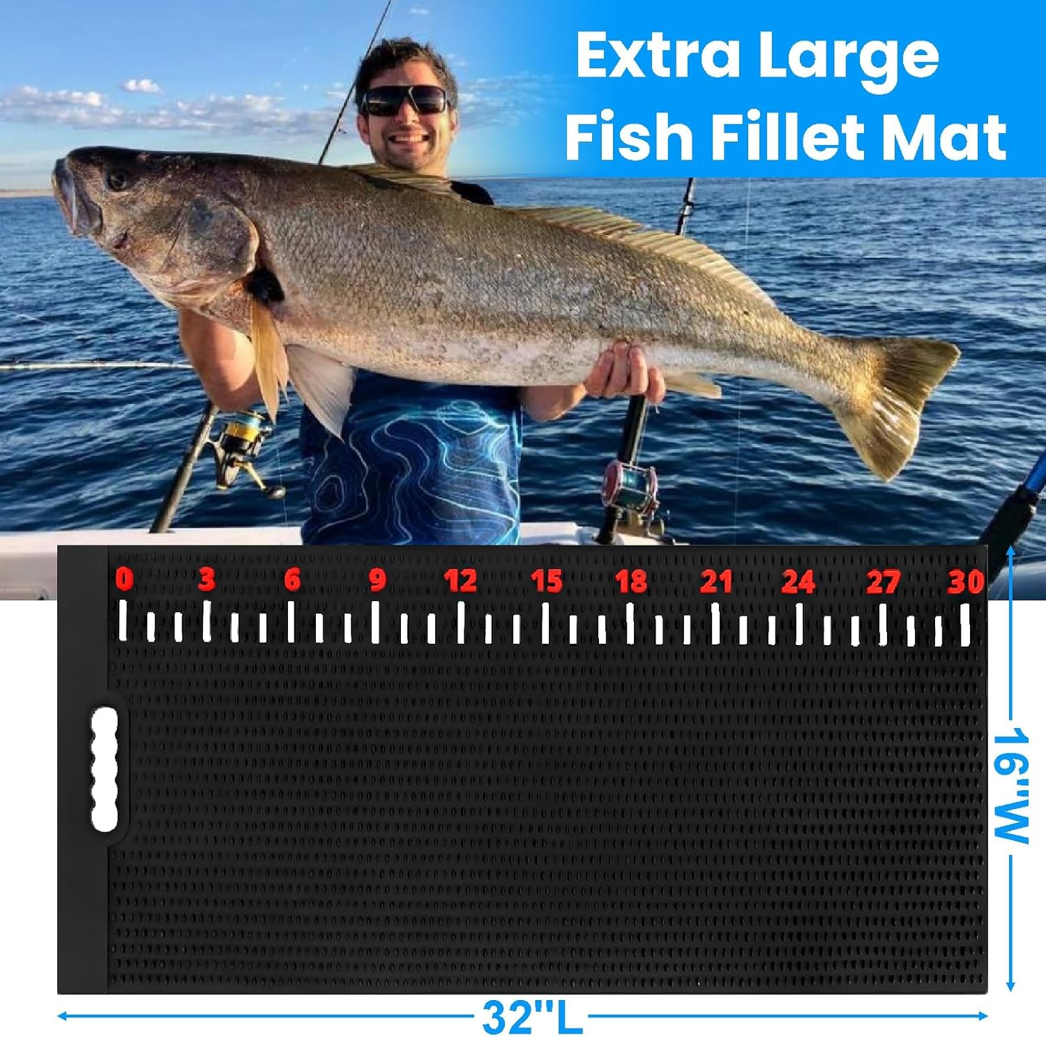 32 Inch Fish Fillet Mat with Cutting Gloves and Brush, 32"L x 16"W, Black 