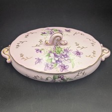 Vintage Porcelain Hand Painted Pink Covered Oval Dish Purple Flowers Violets Lid