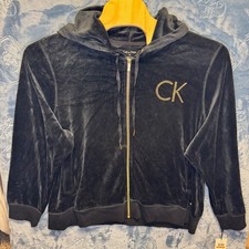 1830  NWT Calvin Klein Rhinestone Logo Velour Zip Up Hoodie Black Women 3X