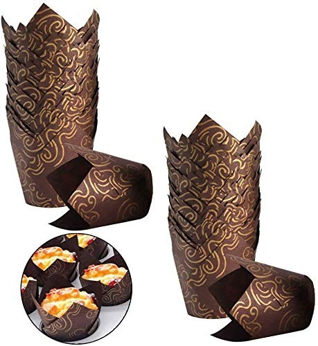 200 Pcs Tulip Cupcake Liners Grease-Proof Cupcake Wrappers Golden Brown Print...