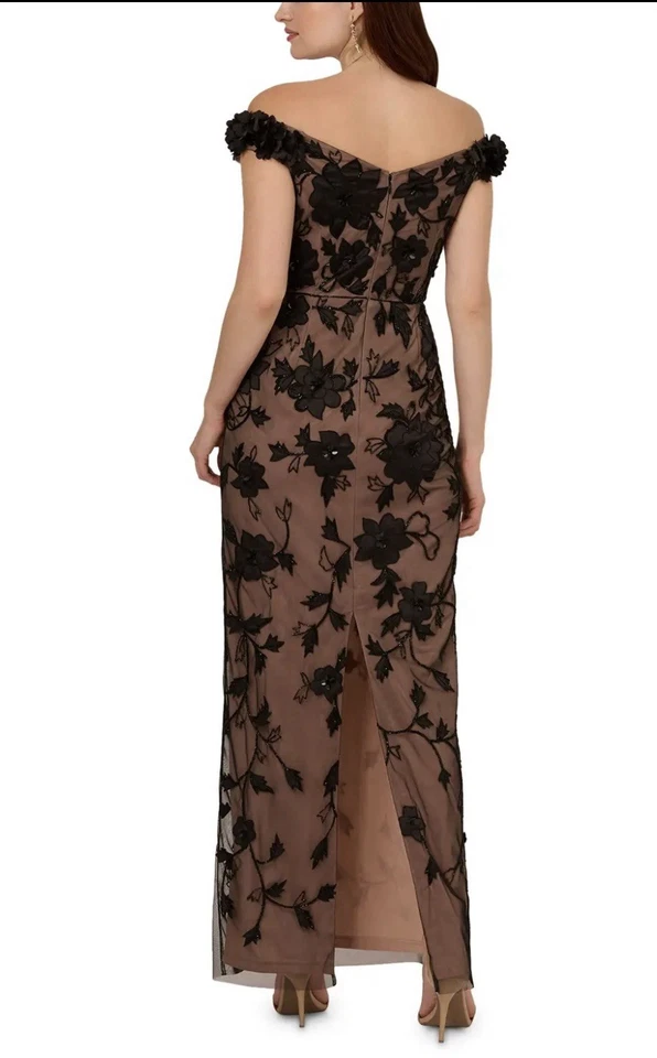 Adrianna Papell черный цветочный Appliqué голая сетка вечернее платье официальный размер 2 новый с Ярлыками - Изображение 3 из 4