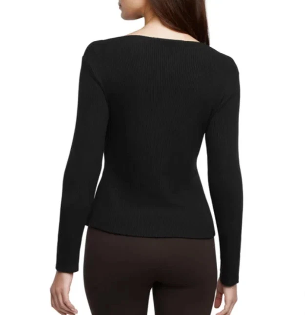 NUEVO Top Banana Republic Para Mujer L Manga Larga Negro Acanalado Tejido Cuello Barco Foto 2 de 4