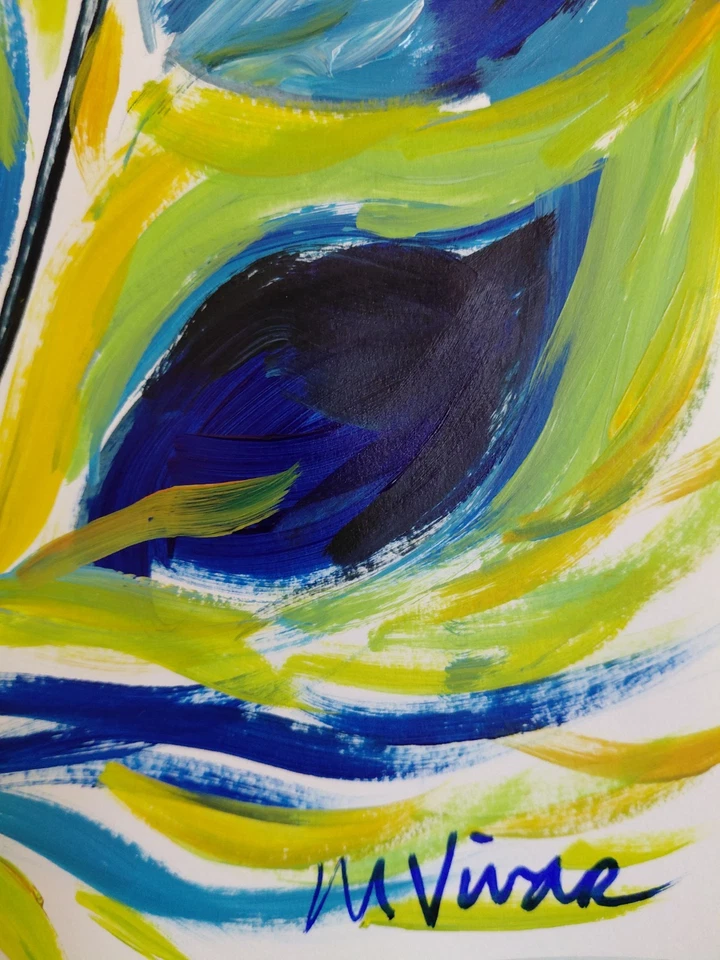 Pintura Abstracta Impresionismo Pluma Pop Pluma Pavo Real 14x11 Original MONA VIVAR Foto 4 de 4