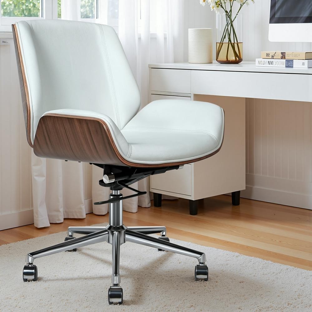 Walnut White Genuine Leather Ergonomic Executive Chair SWIVEL