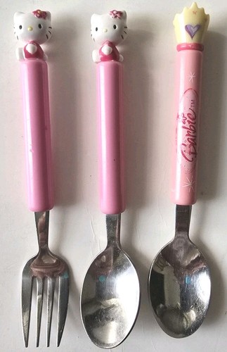 Vintage Hello Kitty Löffel & Gabel Sanrio Plus Barbie Löffel Krone rosa weiß 6 Zoll Japan  - Bild 1 von 4