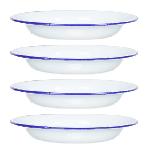 Enamelware Salad Plate Set of 4 White with Blue Rim-QK