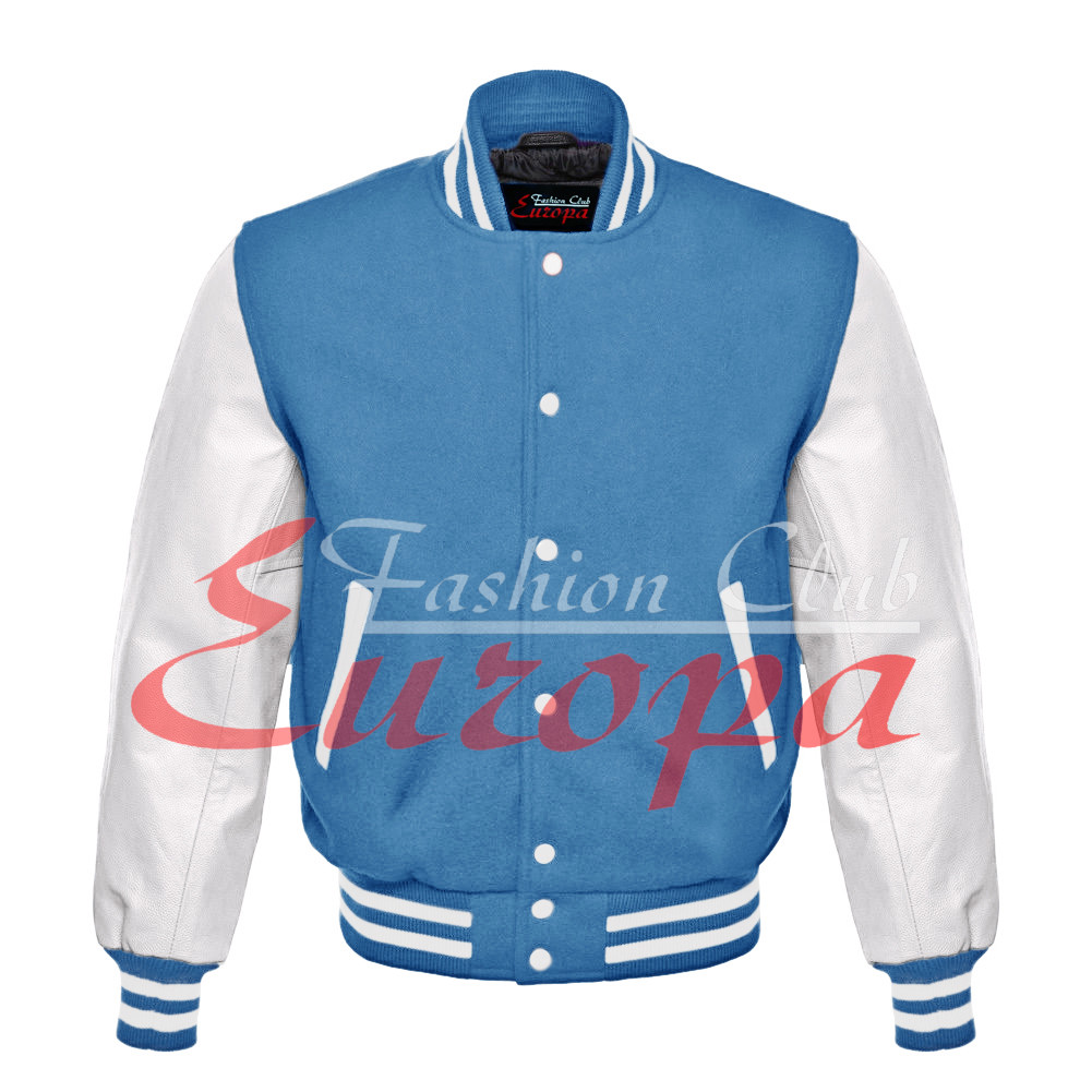 Sky Blue Wool Letterman Varsity Jacket With White Real Leather Sleeves  XS-4XL