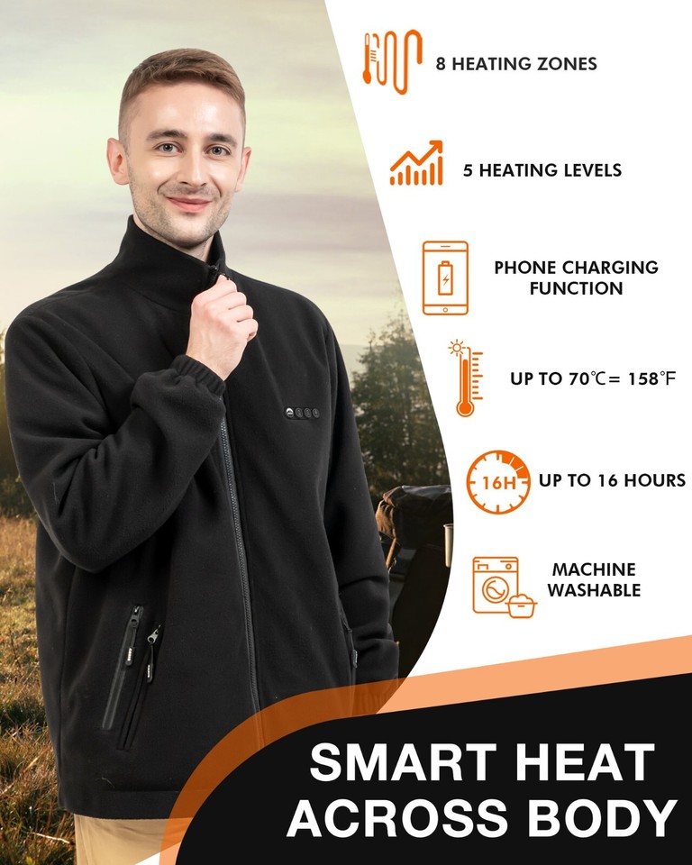 Venustas Women's USB Heated Fleece Jacket, 7.4V Battery, 5 Heating Zones, Premium Zippers (Black, S