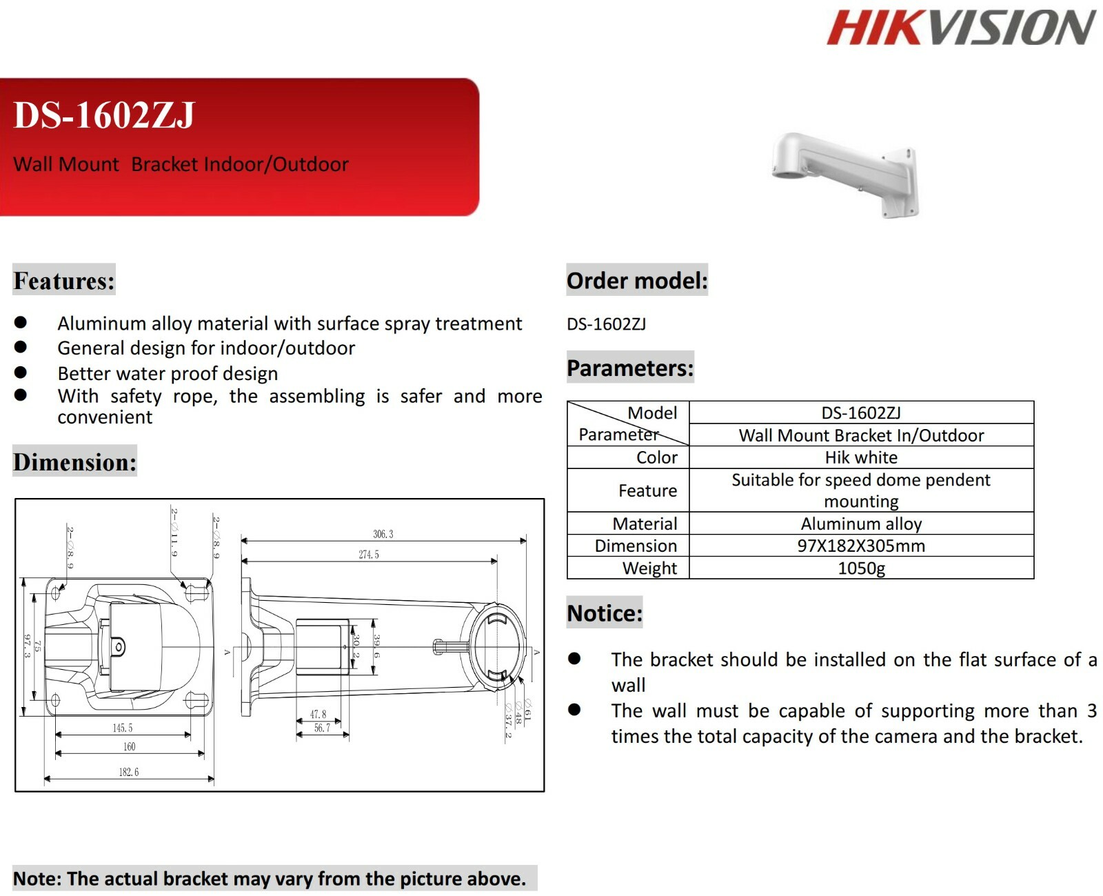 Original Hikvision DS-1602ZJ WMP-L Wall Mount Long Arm Bracket For PTZ Cameras