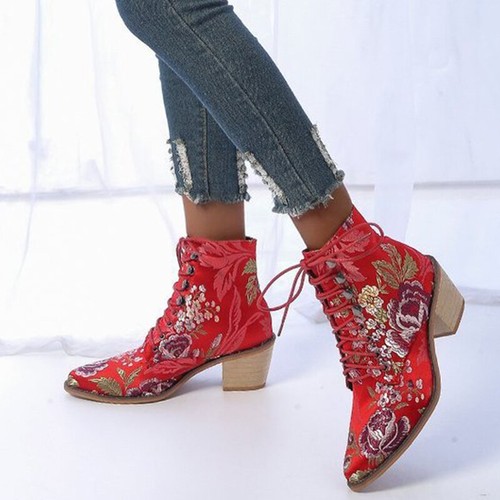 Damen Stiefeletten Stiefel Blockabsatz Floral Spitz Schnürung Schuhe Pumps 41 DE - Bild 3 von 25