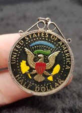 Old Vintage Sterling 925 Silver Pendant - Enamelled USA 1972 Half Dollar Coin