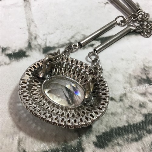 Pendant Statement Necklace Teal Oval Large Rhinestone Silver Toned Chain - Picture 4 of 5