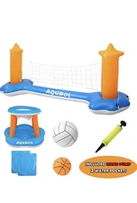Inflatable Pool Float Set Volleyball Net & Basketball Hoops; Balls Included 