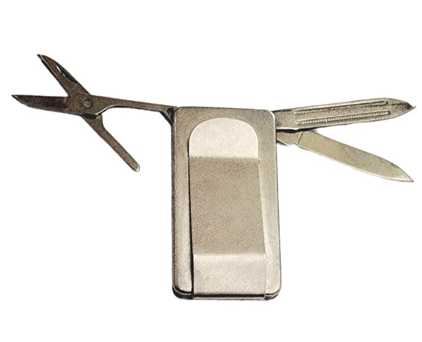 Money Clip Multi Tool Vintage Silvertone Metal Folding Pocket Scissors File-image