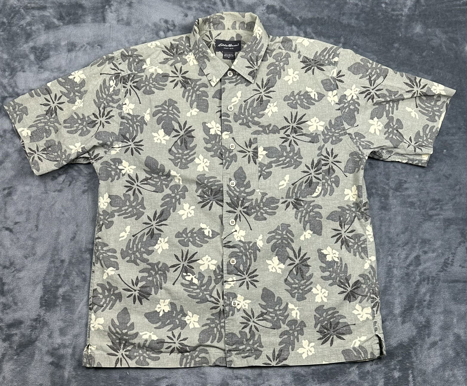 Men's Medium Beige Green Cotton Floral Hawaiian Shirt by Eddie Bauer
