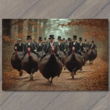 Art Print  Top-Hatted Riders on Turkeys Vintage Woodland Path Theme Quirky Funny