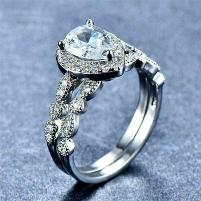 14K White Gold 1Ct Lab-Created Diamond Bride Wedding Engagement Ring Band Set