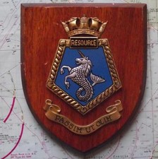 Vintage Oak HMS Resource Hand Painted Royal Navy Ship Crest Shield Plaque