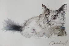 Original Small Cat Illustration Art Pen & Ink Wash Drawing Sketch of a Cat