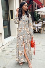 Floral print long sleeves maxi long shirt dress oversize style 