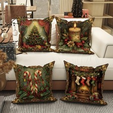 4PCS Vintage Christmas Pillow Covers Festive Sofa Cushion Cases Xmas Pillowcase