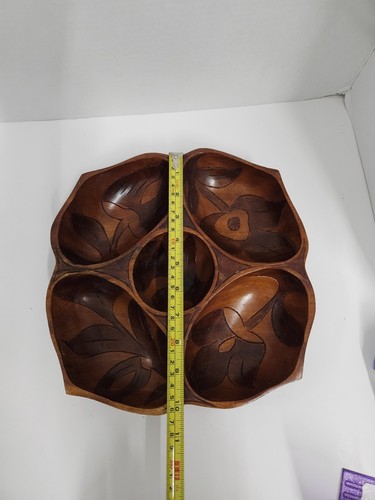 vintage carved 4 compartment Walnut wooden bowl Appetizer Snacks Floral Carved - Picture 15 of 16