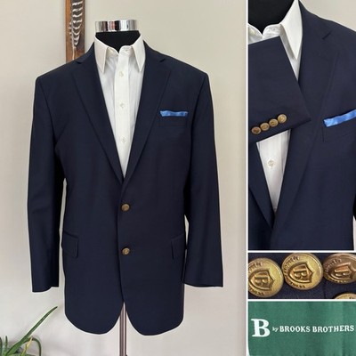 B by Brooks Brothers Mens Blue Gold-Button Blazer Wool Sport Coat Size 46R