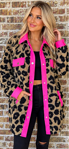 BiBi Leopard Sherpa Jacket Shacket with Neon PINK Trim NEW women’s size LARGE