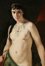 19th CENTURY LARGE FRENCH ORIENTALIST OIL ON CANVAS - NUDE STANDING WITH DAGGER