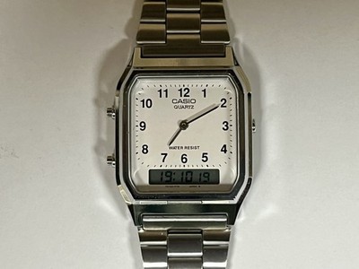 Casio AQ-230A-7D Digital/Analog Dual-Time Alarm Watch, white dial, steel band