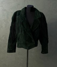 VTG Yearbook 1980s Suede Leather Jacket Green Tassels Cowgirl Cowboy size S 