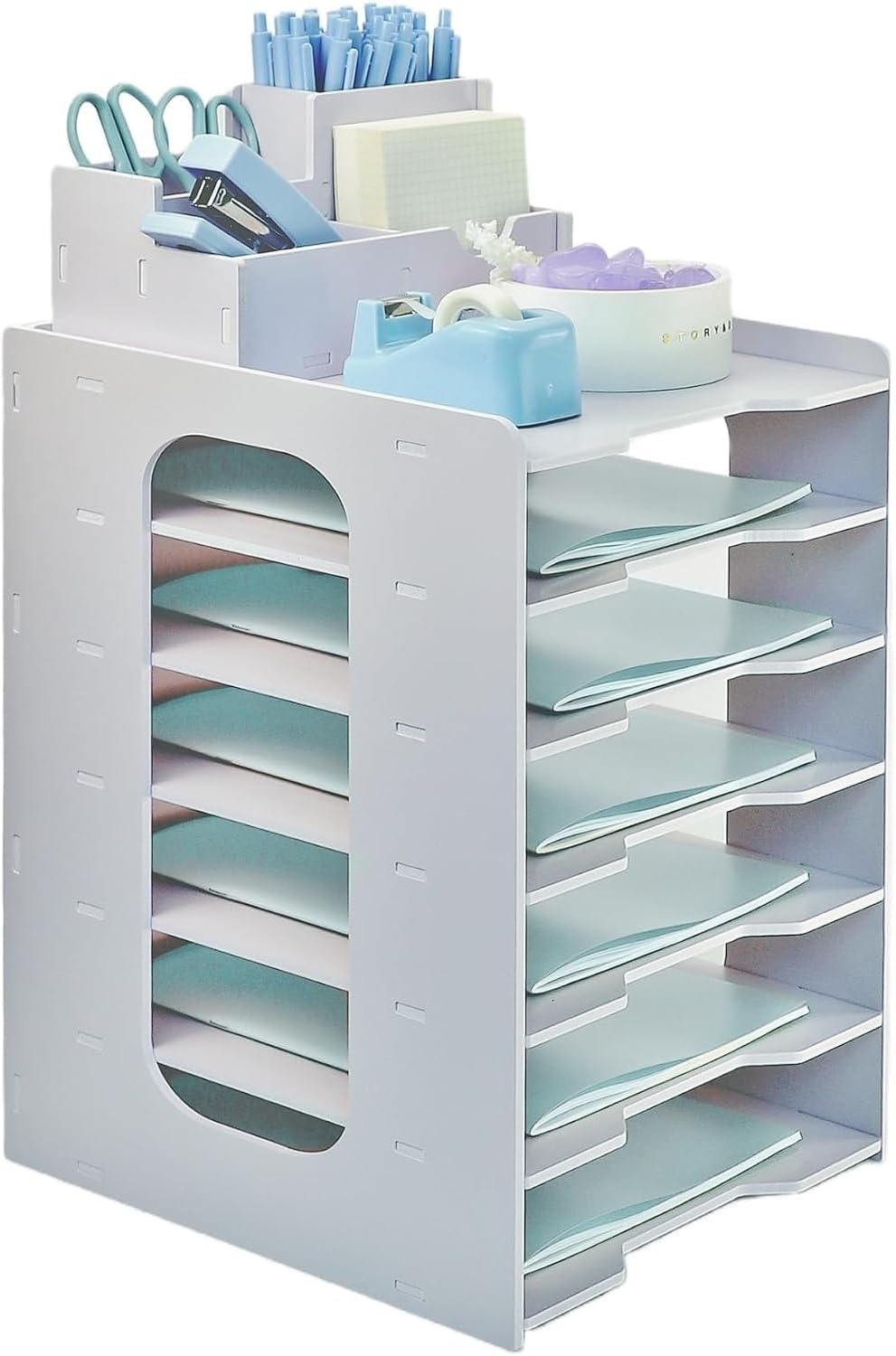 7 Tier Letter Tray, Wooden Filing Trays for Office, Desk Organiser with Pen Hold