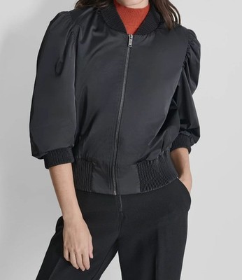 DKNY Women Black High Shine Sateen Puff Sleeve Puffer Jacket Size L