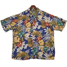 Vintage 80s Reyn Spooner Hawaiian Shirt Men's XL Blue Floral Hibiscus Spun Rayon
