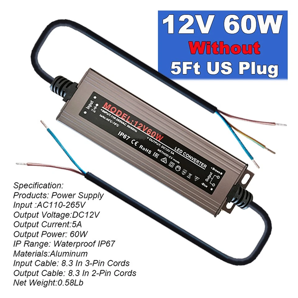 60W 5A IP67 Waterproof LED Driver AC 110V To DC 12V Switch Power Supply Adapter - Image 4 of 4