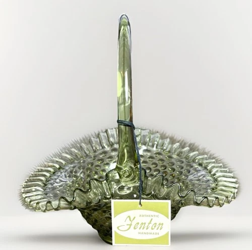 Fenton Colonial Ruffled Basket Olive Green Glass Hobnail Large Vntg 9.5” - NWT!
