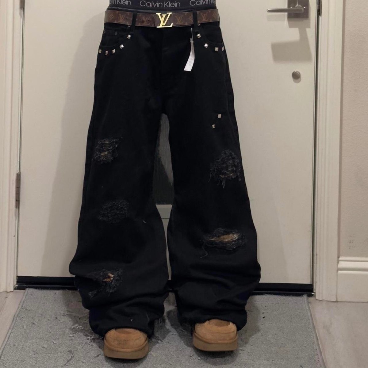 Black Distressed Jeans Camo Patchwork Studded Baggy Wide Leg Y2K 