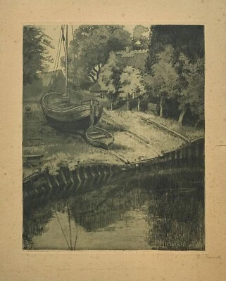 Radierung Ph. Franck Boote am Ufer Norddeutschland - Bild 1 von 4
