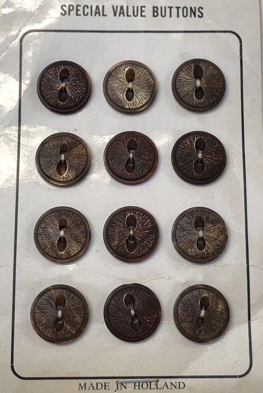 12 Vintage Brown 11/16” Buttons w Thread Wrapped/ Fabric Texture on Cards Japan