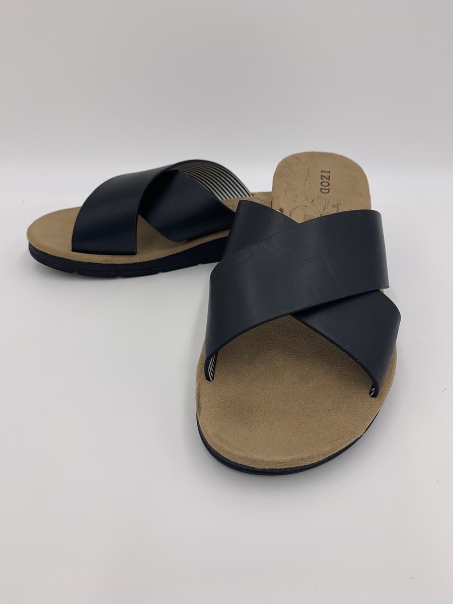 IZOD ALYSSA slip on sandals slides black flat shoes women's size