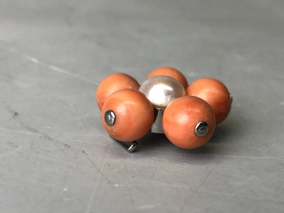 Y7758 OBIDOME Sash clip brooch real Coral pearl Japan antique kimono accessory - Image 4 of 4