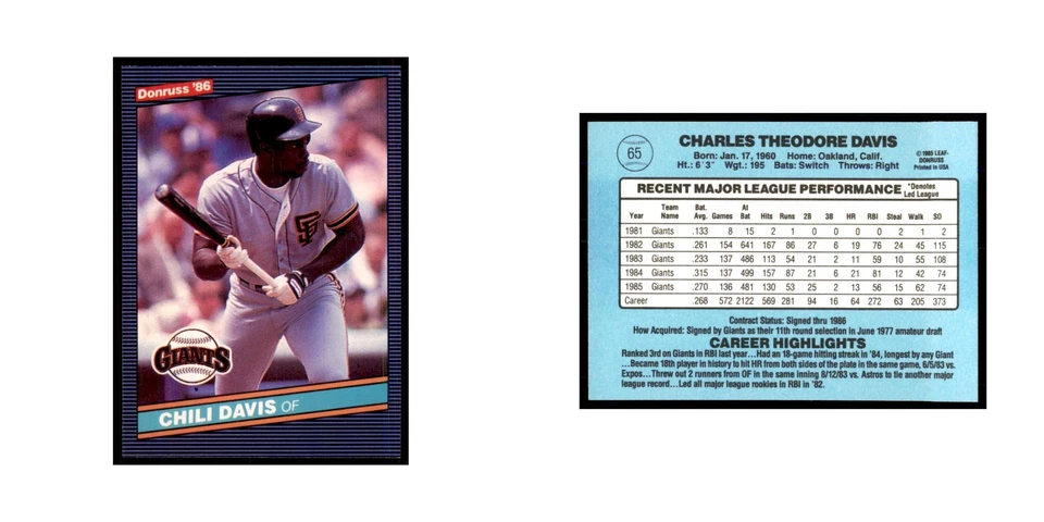1986 Donruss Chili Davis Giants #65 - Image 3 of 3