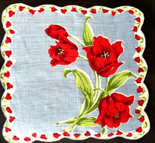 1950S HUGE RED TULIPS, BLUE BACKGROUND LADIES HANDKERCHIEF, RED TULIP BORDER